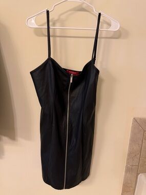 Guess Black Faux Leather Zip-Front Mini Slip Dress